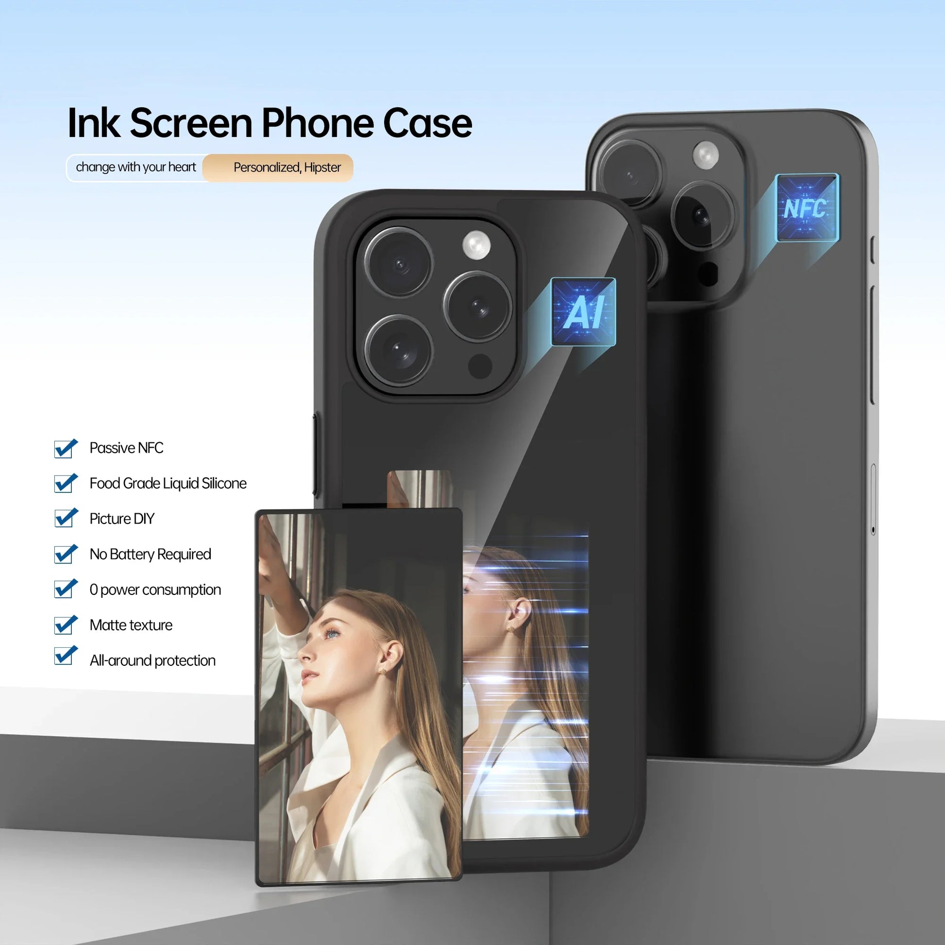 DIY Display Eink Screen Phone Case Smart NFC Refesh Phone Protective Cover for  15 14 13 Pro Max Back Case Battery Free